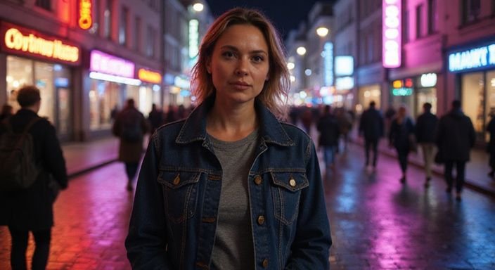 Eine selbstbewusste Frau geht durch das lebhafte Bahnhofsviertel und wollen Sexkontakt in Frankfurt am Main.