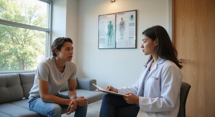 Junger Erwachsener und Arzt in modernem Wartebereich einer Klinik.