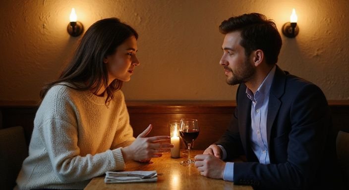 Ein Paar führt ein intensives Gespräch in einem gemütlichen Bistro.