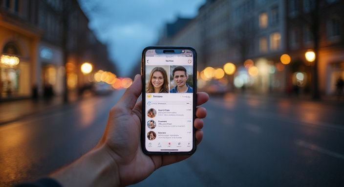 Nahaufnahme eines Smartphones mit Dating-App und Frankfurter Skyline im Hintergrund.