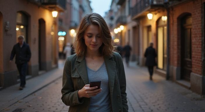 Eine junge Frau spaziert durch die Straßen von Frankfurt.