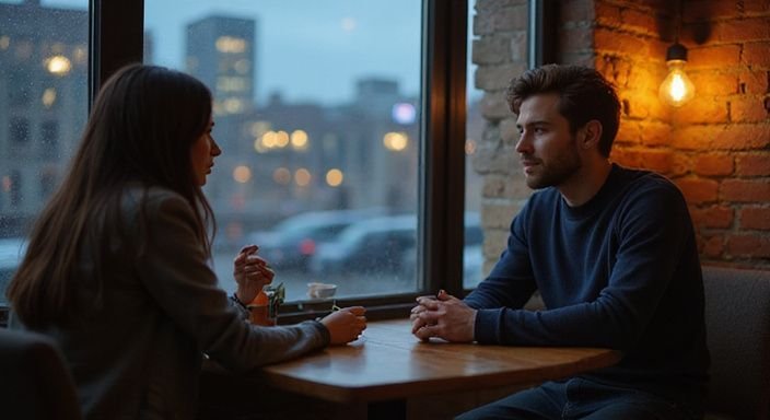 Ein junger Mann und eine Frau führen ein Gespräch über Sexkontakt Frankfurt am Main in einem Café.