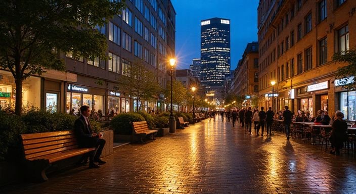 Frankfurts lebendige Nachtstadtlandschaft mit modernen Gebäuden und entspannter Atmosphäre.