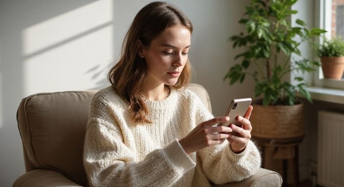 Eine nachdenkliche junge Frau nutzt eine Dating App für sexkontakt in Hamburg in ihrem Wohnzimmer