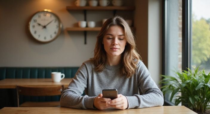 Eine Frau sitzt entspannt an einem Tisch und tippt auf ihrem Smartphone.