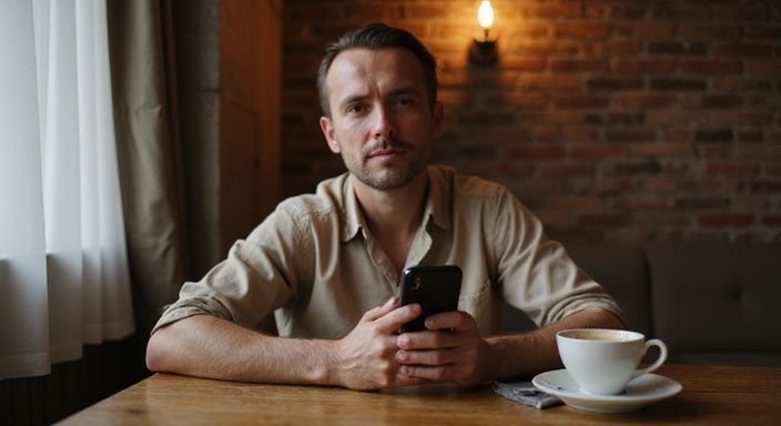 Eine Person sitzt in einem Café und nutzt ein Smartphone.