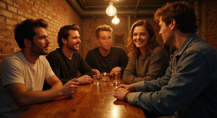 Fünf Personen haben ein bedeutungsvolles Gespräch in einem Club.