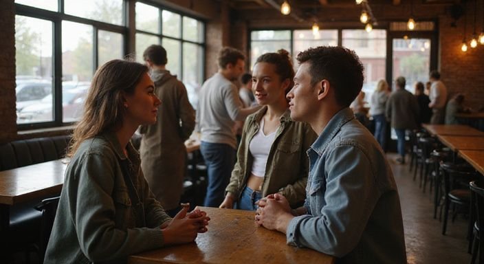 Junge Erwachsene tauschen sich in einem lebhaften sozialen Umfeld aus.