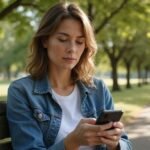 Eine Frau in einem Park sitzt entspannt auf einer Holzbank