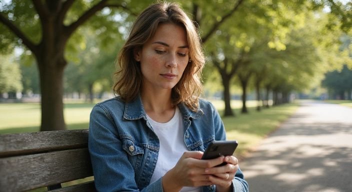Eine Frau in einem Park sitzt entspannt auf einer Holzbank.