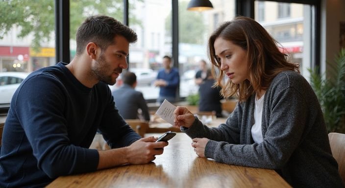 Ein Mann und eine Frau tauschen Umschläge in einem Café aus und wollen sexkontakt in Hessen.
