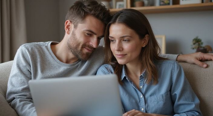 Ein Paar sitzt entspannt auf einem Sofa und nutzt einen Laptop.