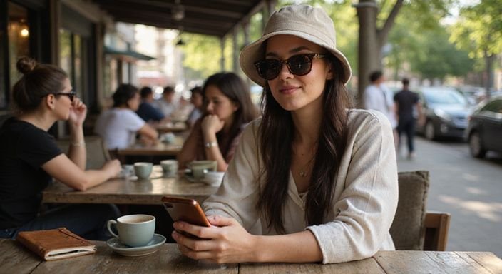 Frau mit Smartphone lächelt zufrieden in einem belebten Café.