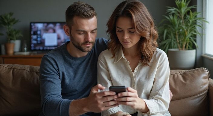 Ein Paar sitzt auf einer Couch und schaut auf ein Smartphone und suche Rheinland-Pfalz.