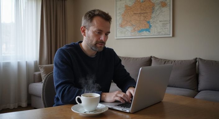 Ein Mann durchstöbert Online-Dating-Seiten für sexkontakt in Rheinland-Pfalz in seinem gemütlichen Wohnzimmer.