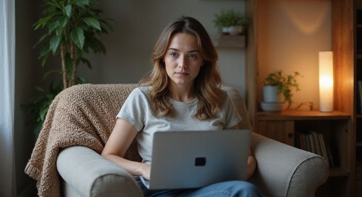 Eine nachdenkliche Frau sitzt entspannt in einem Wohnzimmer auf einem Sessel und wollen Rheinland-Pfalz.