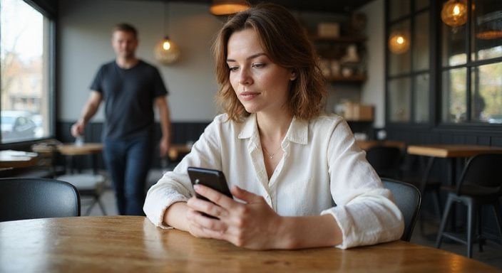 Eine Frau sitzt an einem Tisch und schaut auf ihr Smartphone und suche sexkontakt in Sachsen-Anhalt.