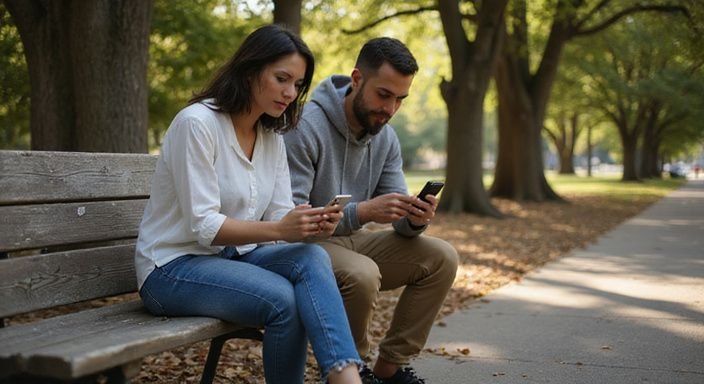 Ein Paar sitzt auf einer Bank und nutzt Smartphones im Park.