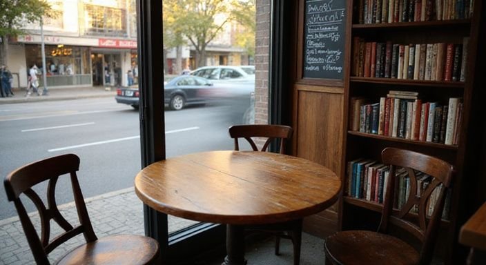 Ein einladendes kleines Café mit Holzinterieur und Bücherschrank.