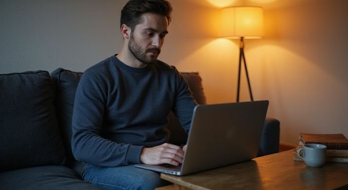 Ein Mann sitzt auf einem grauen Sofa und arbeitet am Laptop.