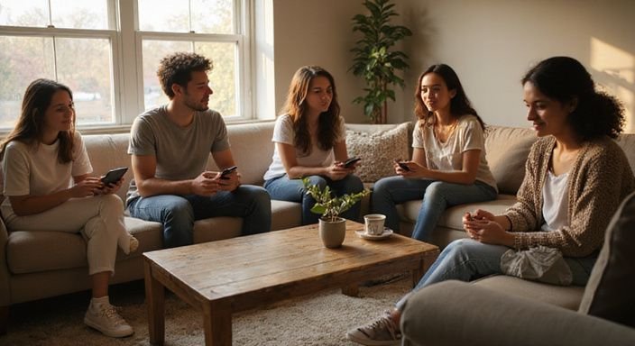 Sechs junge Erwachsene entspannen sich in einer gemütlichen Wohnzimmeratmosphäre.