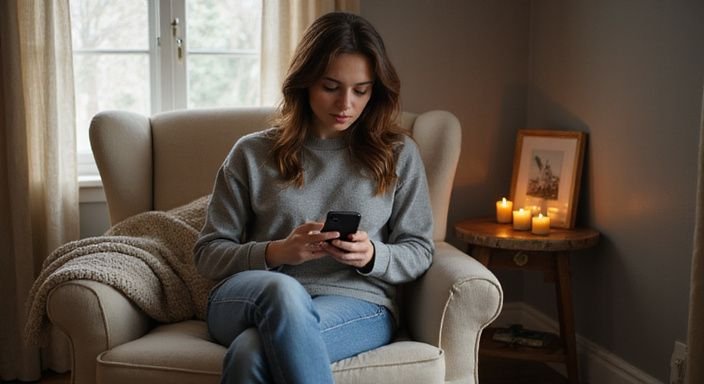Eine junge Frau sitzt entspannt in einem gemütlichen Schlafzimmer und wollen sexkontakt in Thüringen.