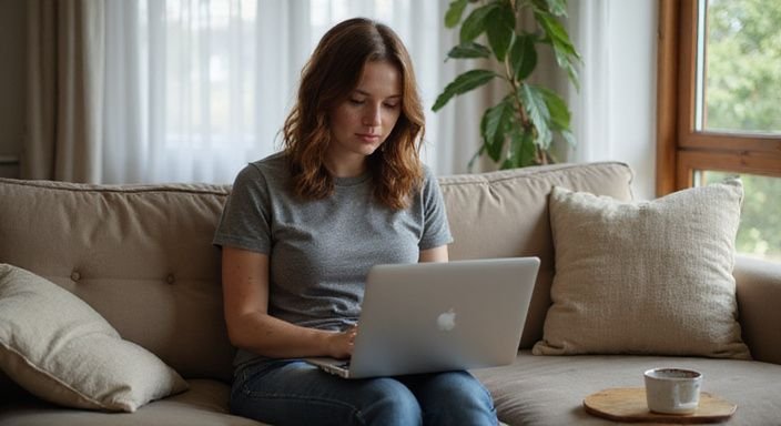 Eine Frau sitzt entspannt auf einem Sofa und nutzt ihren Laptop und suche sexkontakt in Thüringen.