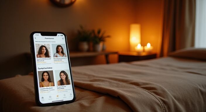 Ein einladender Raum mit einem Massagetisch und Smartphone-App-Interface.