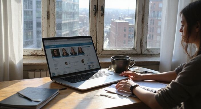 Ein chaotischer Schreibtisch mit Laptop, Notizbüchern und Kaffeetasse.