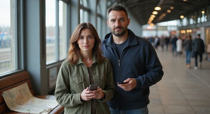 Ein Paar studiert konzentriert seine Smartphones in einem Bahnhof und wollen sexkontakt in Thüringen.