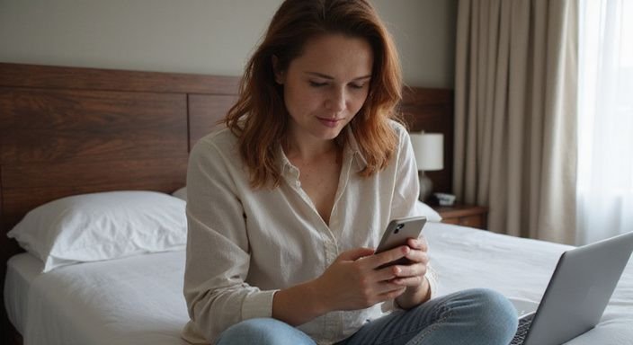 Eine Frau sitzt entspannt am Bett und nutzt ihr Smartphone.