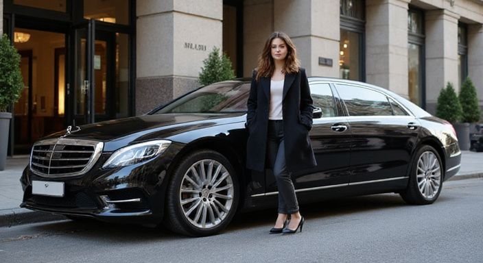 Eine elegante Frau steht neben einer luxuriösen Limousine vor einem Hotel.