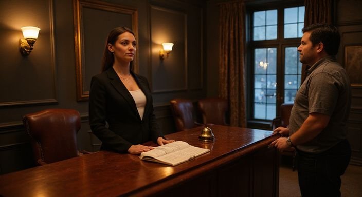 Eleganter Empfangsbereich eines hochklassigen Bordells mit professionellem Personal.