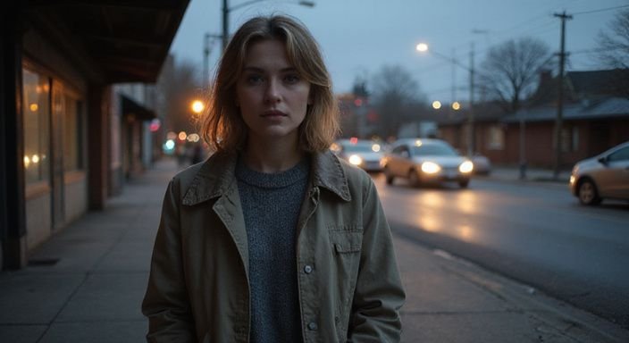 Eine Frau steht besorgt an einer Straßenecke bei Dämmerung udn wollen sexkontakte in Köln.