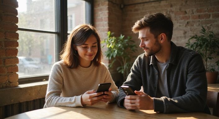 Ein junges Paar lächelt entspannt bei Kaffee in einem Café.