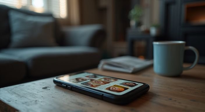 Ein gemütliches Wohnzimmer mit einem Smartphone und persönlichen Profilen für sexkontakte Köln.