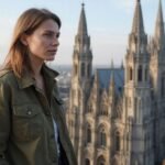 Eine Frau schaut nachdenklich auf die Kölner Skyline