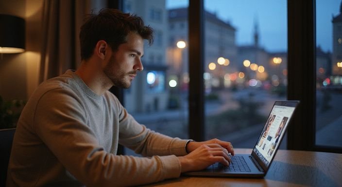 Ein Mann schaut konzentriert auf Dating-Websites an seinem Laptop und suche sexkontakte in Köln.