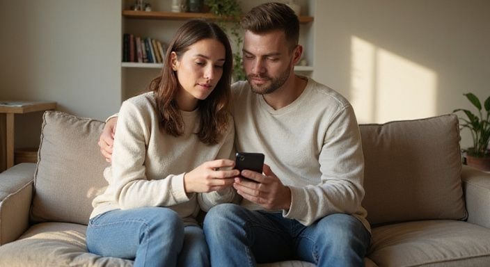 Ein Paar sitzt entspannt auf einer Couch und schaut auf ein Smartphone und suche sexkontakte in München.