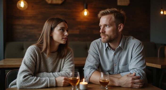 Ein Paar führt in einem Restaurant ein tiefgründiges Gespräch