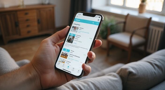 Ein Smartphone zeigt die Quoka-App mit lokalen Anzeigen in München.