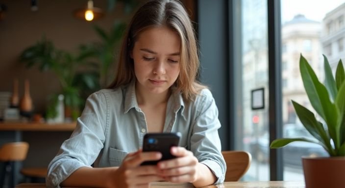 Ein junger Erwachsener sitzt entspannt in einem Café und schaut auf sein Smartphone.