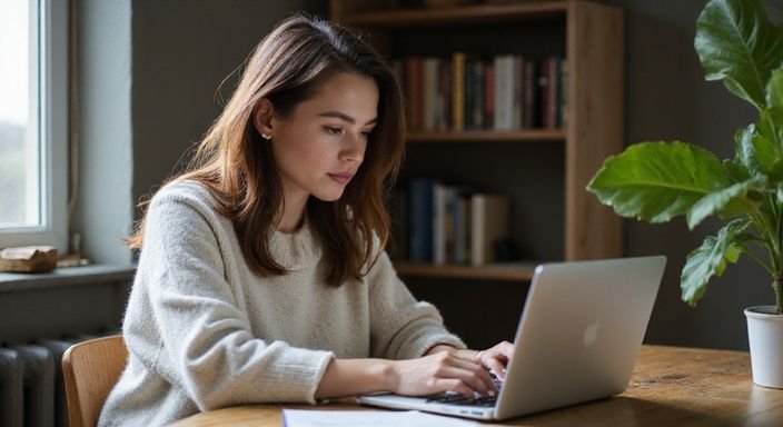 Eine Frau in einem gemütlichen Raum sucht konzentriert nach Jobangeboten.