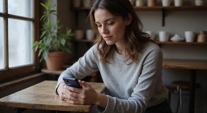 Eine Frau sitzt konzentriert mit einem Smartphone in einem gemütlichen Café