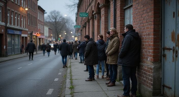 Enge, belebte Straße mit alten Gebäuden und wartenden Menschen.