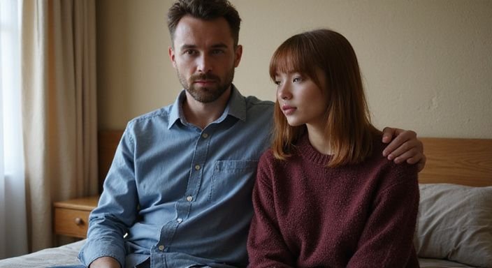 Ein Paar sitzt nachdenklich auf einem Hotelbett in Nordrhein-Westfalen.