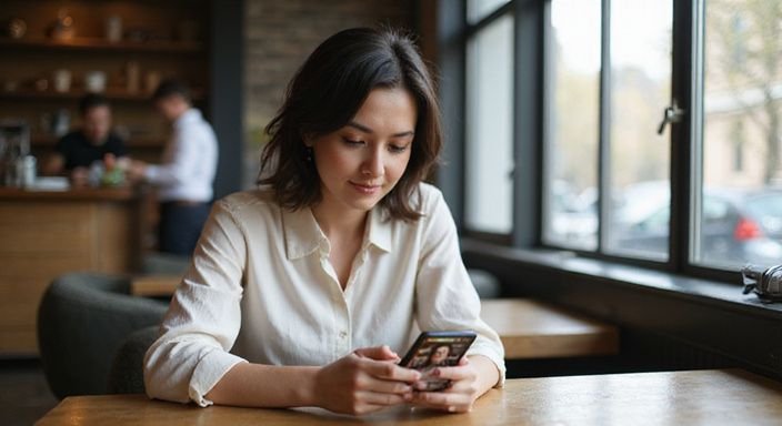 Eine Frau in einem Café scrollt konzentriert durch ihr Smartphone und wollen sexkontakte Nordrhein-Westfalen.