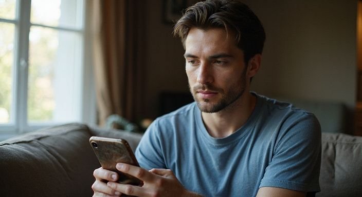 Ein nachdenklicher Mensch scrollt auf seinem Smartphone in einem Wohnzimmer.