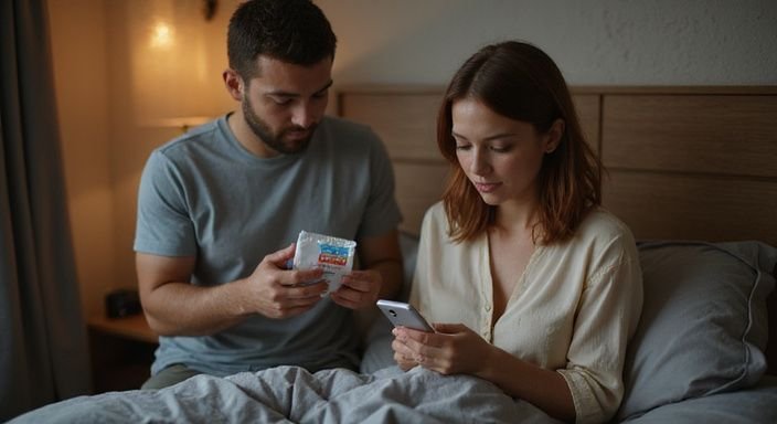 Ein Paar bereitet sich auf einen sicheren sexuellen Kontakt vor.