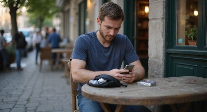 Ein Mann scrollt entspannt durch sein Smartphone an einem Tisch.